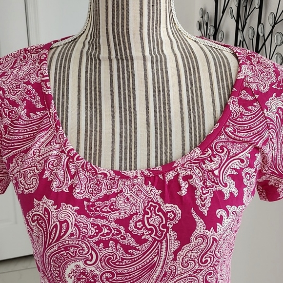 New Talbots Magenta & White Paisley Print Scooped Neck Short Sleeve Top Small P - Picture 2 of 7